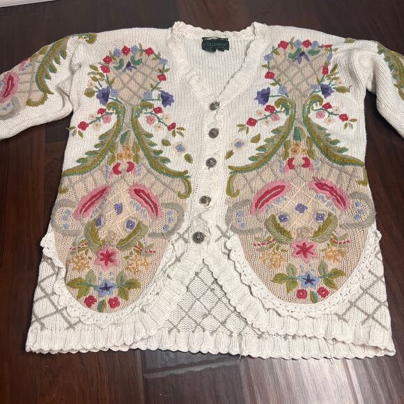 Cullinane Hand Knit Vtg 80s Sweater Floral Button Up VNeck 3d Women’s Sz MED - Picture 1 of 8